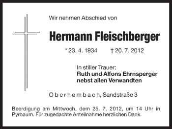 Traueranzeige von Hermann Fleischberger von Der Bote