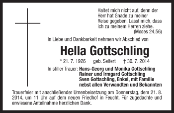 Traueranzeige von Hella Gottschling von Der Bote