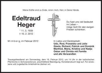 Traueranzeige von Edeltraud Heger von Der Bote
