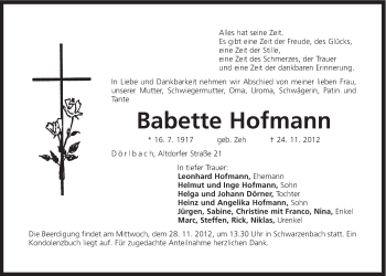 Traueranzeige von Babette Hofmann von Der Bote