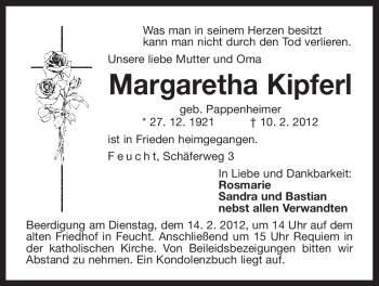 Traueranzeige von Margaretha Kipferl von Der Bote
