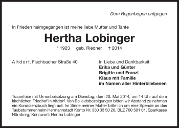 Traueranzeige von Hertha Lobinger von Der Bote