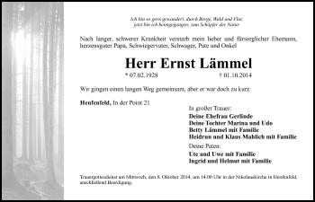 Traueranzeige von Ernst Lämmel von Hersbrucker Zeitung