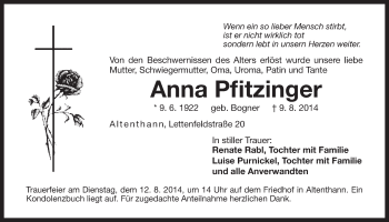 Traueranzeige von Anna Pfitzinger von Der Bote