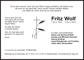Traueranzeige von Fritz Wolf von Der Bote