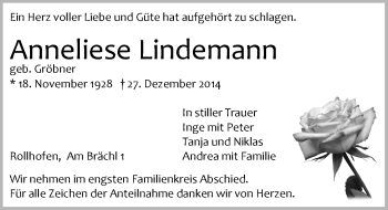 Traueranzeige von Anneliese Lindemann von Pegnitz-Zeitung