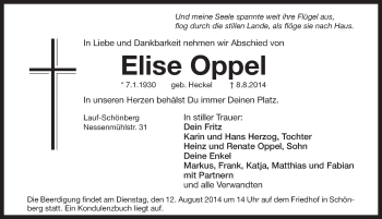 Traueranzeige von Elise Oppel von Pegnitz-Zeitung
