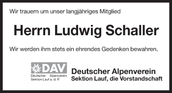 Traueranzeige von Ludwig Schaller von Pegnitz-Zeitung