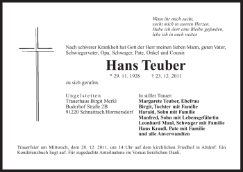 Traueranzeige von Hans Teuber von Der Bote
