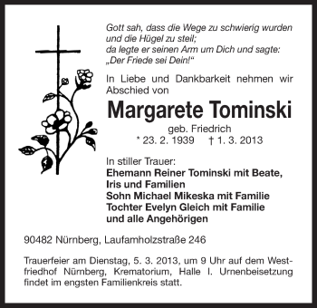 Traueranzeige von Margarete Tominski von Der Bote