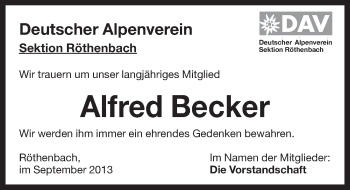 Traueranzeige von Alfred Becker von Hersbrucker Zeitung