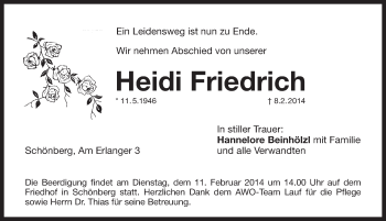 Traueranzeige von Heidi Friedrich von Hersbrucker Zeitung
