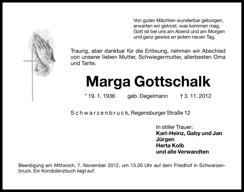  Traueranzeige für Marga Gottschalk vom 05.11.2012 aus Der Bote