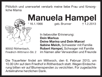 Traueranzeige von Manuela Hampel von Pegnitz-Zeitung