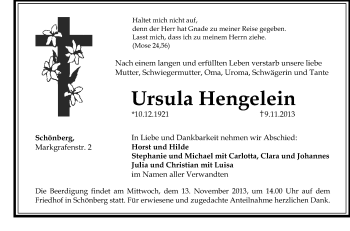 Traueranzeige von Ursula Hengelein von Pegnitz-Zeitung