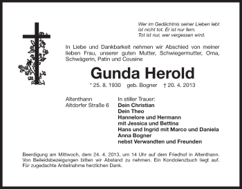 Traueranzeige von Gunda Herold von Der Bote