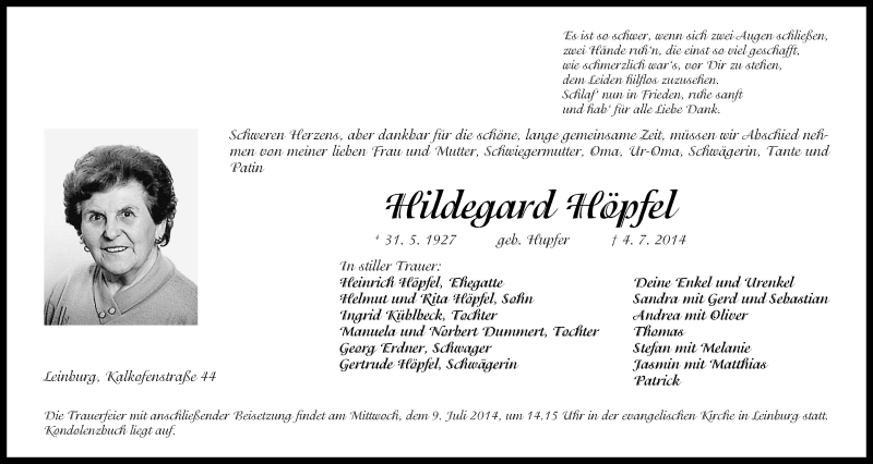  Traueranzeige für Hildegard Höpfel vom 07.07.2014 aus Pegnitz-Zeitung