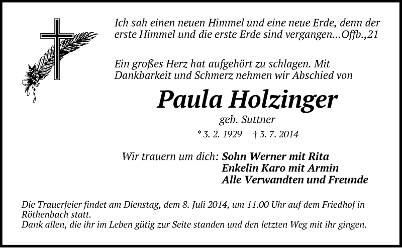  Traueranzeige für Paula Holzinger vom 07.07.2014 aus Pegnitz-Zeitung