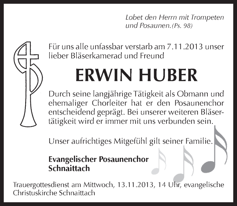  Traueranzeige für Erwin Huber vom 11.11.2013 aus Pegnitz-Zeitung