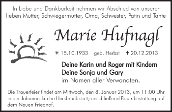 Traueranzeige von Marie Hufnagl von Hersbrucker Zeitung