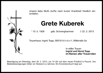 Traueranzeige von Grete Kuberek von Der Bote