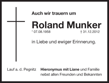 Traueranzeige von Roland Munker von Pegnitz-Zeitung