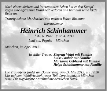 Traueranzeige von Heinrich Schinhammer von Pegnitz-Zeitung
