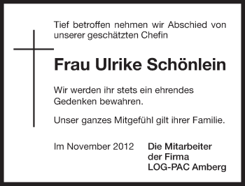 Traueranzeige von Ulrike Schönlein von Pegnitz-Zeitung