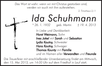 Traueranzeige von Ida Schuhmann von Pegnitz-Zeitung
