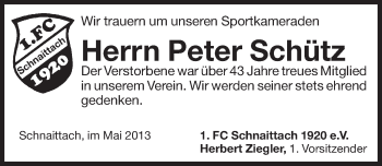 Traueranzeige von Peter Schütz von Pegnitz-Zeitung