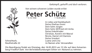 Traueranzeige von Peter Schütz von Pegnitz-Zeitung