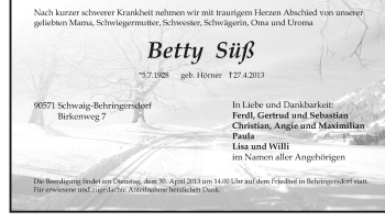 Traueranzeige von Betty Süß von Pegnitz-Zeitung