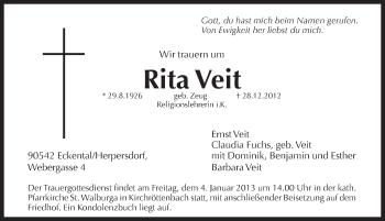 Traueranzeige von Rita Veit von Pegnitz-Zeitung