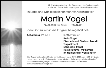 Traueranzeige von Martin Vogel von Pegnitz-Zeitung