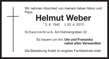 Traueranzeige von Helmut Weber von Der Bote