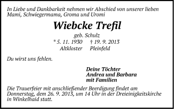 Traueranzeige von Wiebcke Trefil von Der Bote