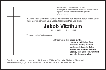 Traueranzeige von Jakob Vitzthum von Der Bote