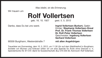 Traueranzeige von Rolf Vollertsen von Der Bote