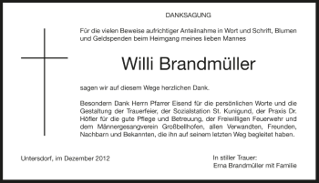 Traueranzeige von Willi Brandmüller von Pegnitz-Zeitung