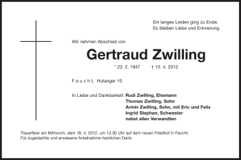 Traueranzeige von Gertraud Zwilling von Der Bote