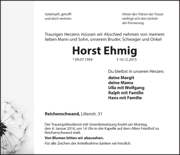 Traueranzeige von Horst Ehmig von Hersbrucker Zeitung