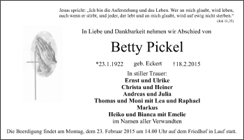 Traueranzeige von Betty Pickel von Pegnitz-Zeitung