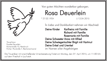 Traueranzeige von Rosa Deuerlein von Hersbrucker Zeitung