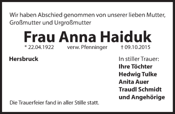 Traueranzeige von Anna Haiduk von Hersbrucker Zeitung