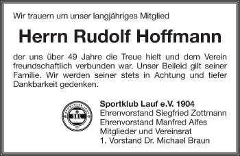 Traueranzeige von Rudolf Hoffmann von Pegnitz-Zeitung