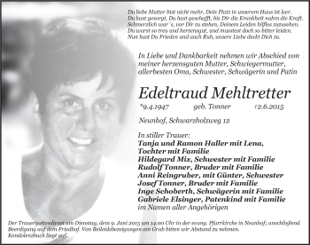 Traueranzeige von Edeltraud Mehltretter von Pegnitz-Zeitung