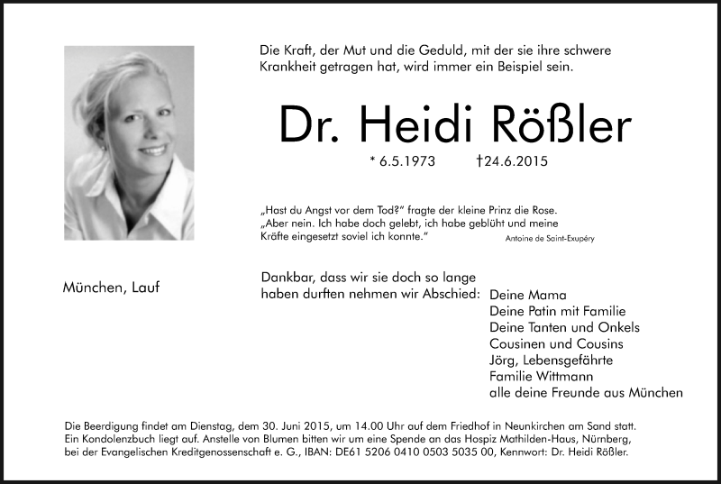  Traueranzeige für Heidi Rößler vom 27.06.2015 aus Pegnitz-Zeitung