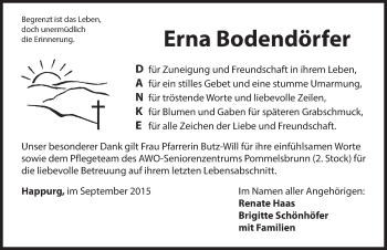 Traueranzeige von Erna Bodendörfer von Hersbrucker Zeitung