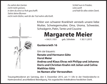 Traueranzeige von Margarete Meier von Hersbrucker Zeitung