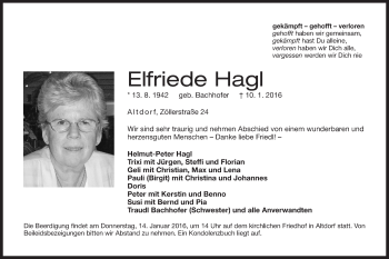 Traueranzeige von Elfriede Hagl von Der Bote